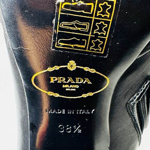 Prada Vintage Black Leather Sock Boots Size 38.5 High Block Heel Stretch Shaft - Picture 7 of 12